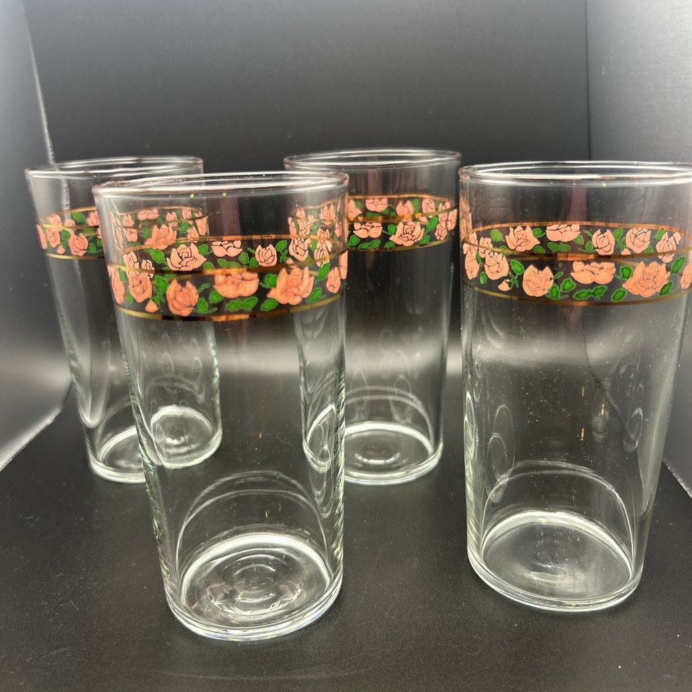 Vintage Libbey‎ "PINK  ROSES" ~ Glass Tumblers ~ Rare 12oz 5.5" Set Of 4